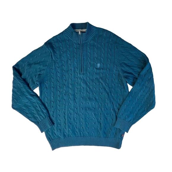 Izod Durham Teal Blue Cable Knit 1/4 Zip Collared Sweater sz Large Modern - Picture 1 of 9